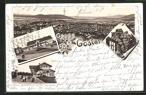 Lithographie Goslar, Gasthaus u. Aussichtsturm auf dem Steinberg, Kaiserfalz