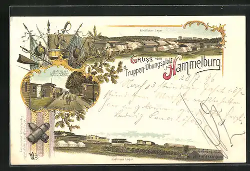 Lithographie Hammelburg, Truppen-Übungsplatz, Centrale des Lagers u. Offiziers Speise-Anstalt