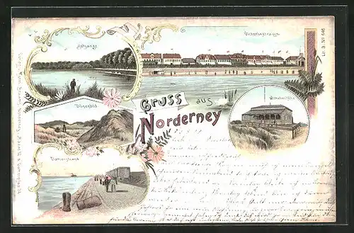 Lithographie Norderney, Schanze, Victoriastrasse, Wilhelmshöhe, Damenstrand