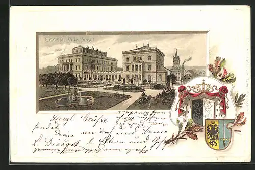 Passepartout-Lithographie Essen /Ruhr, Hotel Villa Hügel, Stadtwappen