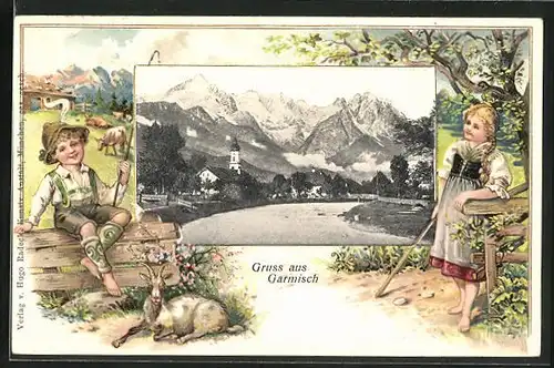 Passepartout-Lithographie Garmisch, Teilansicht, Ziegenpeter