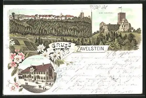 Lithographie Zavelstein, Gasthof & Pension Zum Lamm, Ruine Zavelstein