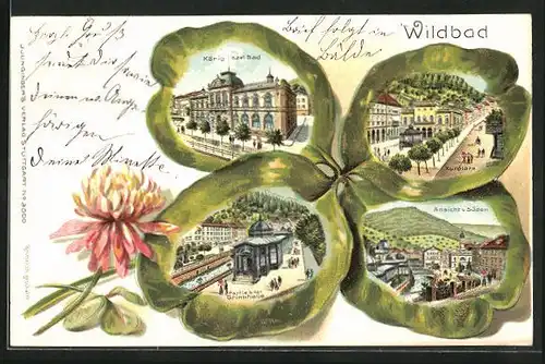 Passepartout-Lithographie Wildbad, König Karl-Bad, Kurplatz, Partie bei der Trinkhalle, Kleeblatt