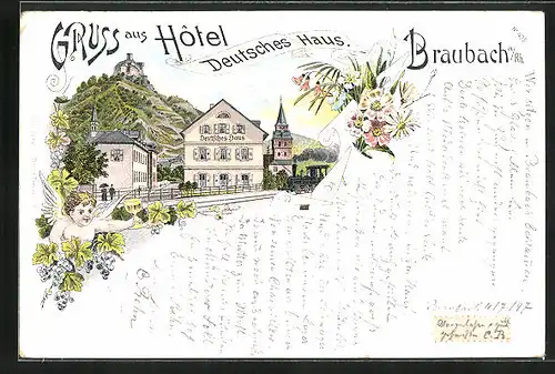 Lithographie Braubach a. Rh., Hotel Deutsches Haus