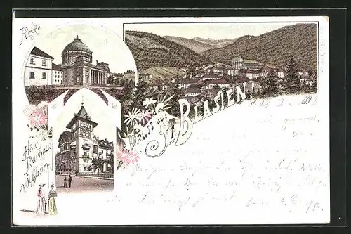 Lithographie St. Blasien, Hotel und Kurhaus, Kirche, Totalansicht