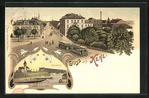 Lithographie Kehl, Strassenpartie mit Strassenbahn, Rheinbrücke