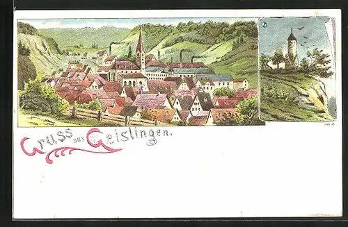 Lithographie Geislingen, Totalansicht, einsamer Turm