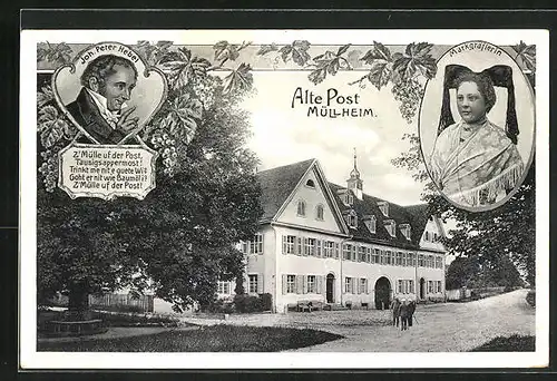 AK Müllheim, Gasthof Alte Post, Portrait Joh. Peter Hebel, Markgräflerin