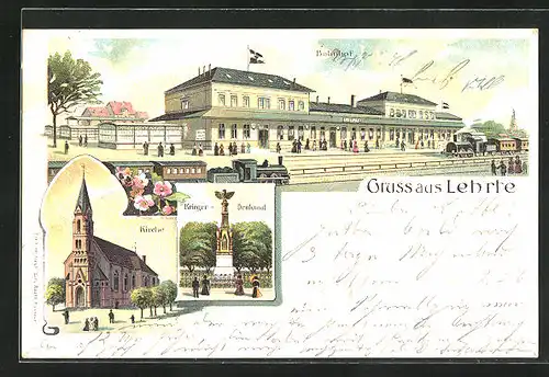 Lithographie Lehrte, Bahnhof, Kirche, Krieger-Denkmal