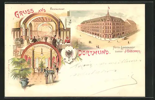 Lithographie Dortmund, Hotel Lindenhof mit Strassenbahn, Innenansichten Restaurant und Wintergarten