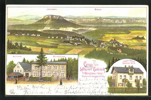 Lithographie Gohrisch b. Königstein /Elbe, Kurhaus Sennerhütte, Logis-Haus Senner-Villa, Teilansicht mit Lilienstein