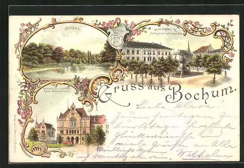 Lithographie Bochum, Städtische Oberrealschule Kaiser Wilhelmstrasse, Wilhelmsplatz m. d. Amtsgericht u. Kriegerdenkmal