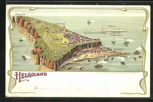 Lithographie Helgoland, Ortsansicht mit Badestrand, Düne und Unterland
