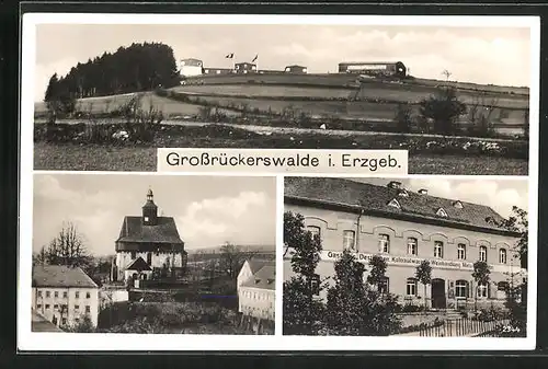 AK Grossrückerswalde i. Erzgeb., Gasthaus Destillation u. Weinhandlung von Meta Tost u. Sohn, Ortspartie, Panorama