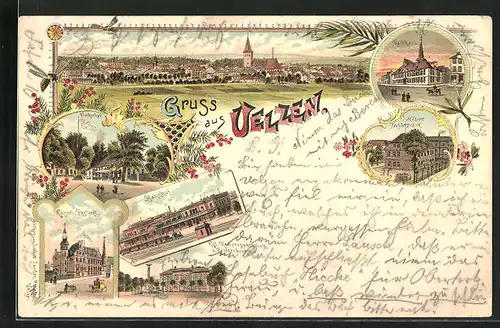 Lithographie Uelzen, Gasthaus Fischerhof, Bahnhof, Höhere Töchterschule