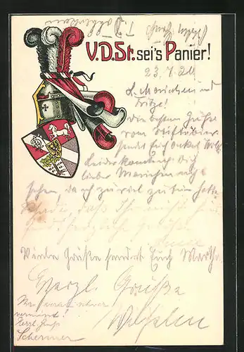 Künstler-AK Hannover, Verein Deutscher Studenten a. d. Tierärztlichen Hochschule, Ritterhelm und Studentenwappen