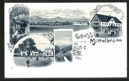 Lithographie Mittelbronn, Gasthaus zum Löwen, Erholungsheim, Sägemühle, Totalansicht mit Rechberg und Stauffen