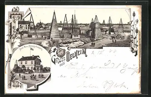 Lithographie Oelheim, Hotel Neu Pennsylvanien, Felder für Erdölförderung mit Bohrtürmen