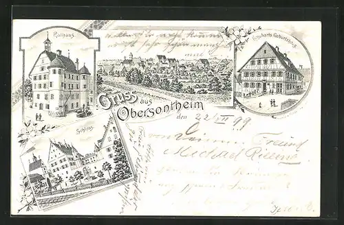 Lithographie Obersontheim, Schubarts Geburtshaus, Schloss, Rathaus, Totalansicht