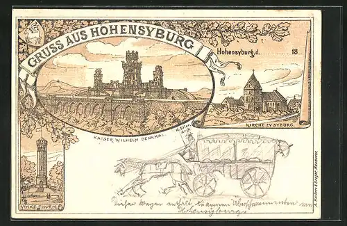 Vorläufer-Lithographie Hohensyburg, 1895, Kaiser Wilhelm-Denkmal, Kirche, Yinke-Turm