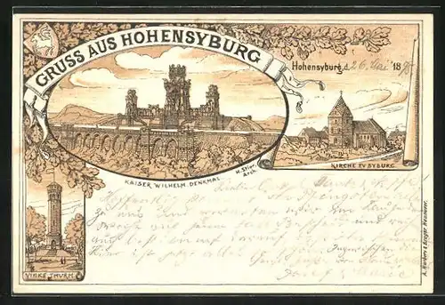 Vorläufer-Lithographie Hohensyburg, 1895, Kaiser Wilhelm-Denkmal, Kirche, Yinke-Turm