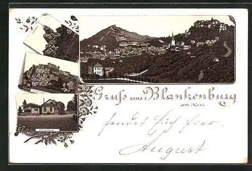 Vorläufer-Lithographie Blankenburg / Harz, 1894, Totalansicht mit Gasthaus auf dem Ziegenkopf, Regenstein, Grossvater