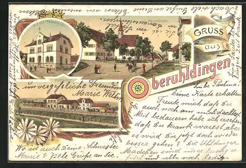 Lithographie Oberuhldingen, Bahnhof und Restaurant, Hauptstrasse