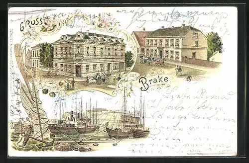 Lithographie Brake, Hafen, Fritz v. Dürings Hotel, Rathaus