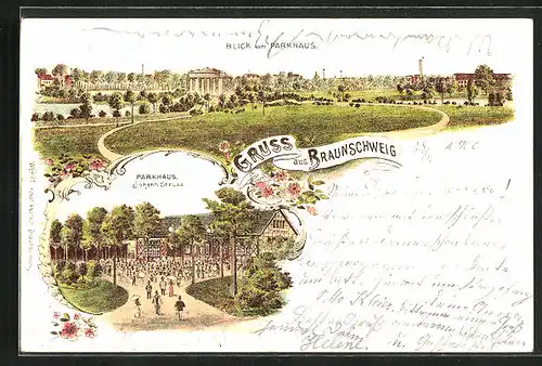 Lithographie Braunschweig, Blick vom Parkhaus, Gasthaus Johann Struss