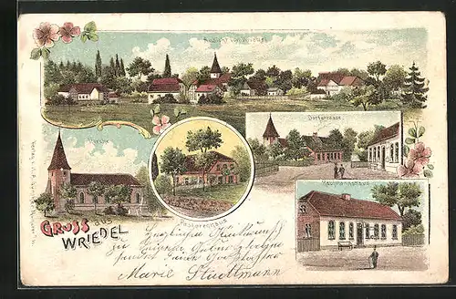 Lithographie Wriedel, Kirche, Dorfstrasse, Kaufmannshaus, Panorama