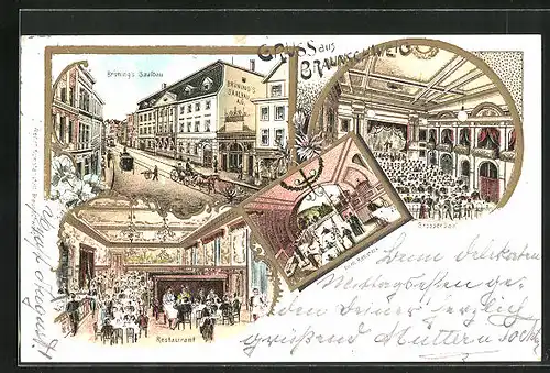 Lithographie Braunschweig, Restaurant, Gasthaus zum Rebstock, Brünings Saalbau, Grosser Saal