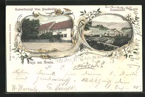 AK Greene, Strassenpartie mit dem Gasthaus Wwe. Brandtmüller, Totalansicht