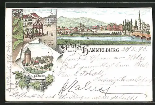 Lithographie Hammelburg, Saaleck, Marktplatz mit Post, Totalansicht mit Saale