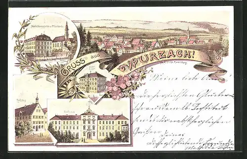 Lithographie Würzbach, Hotel Rössle, Schloss, Rathaus, Maria Rosengarten