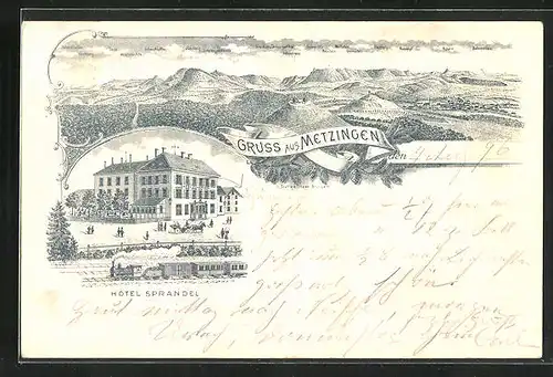 Lithographie Metzingen, Hotel Sprandel, Dampflokomotive, Gebirgspanorama