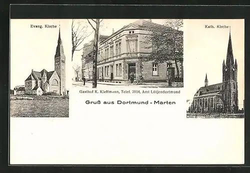 AK Dortmund-Marten, Gasthof von K. Kleffmann, Kath. Kirche