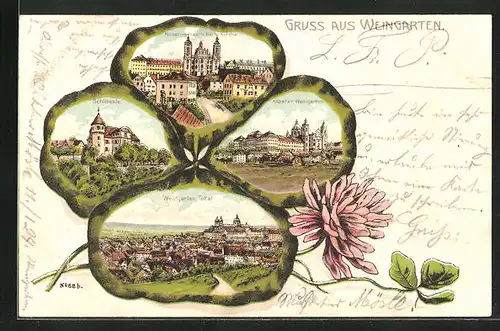 Passepartout-Lithographie Weingarten, Kloster, Schlössle, Kaserne und Kirche, Kleeblatt