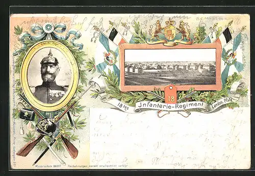Lithographie Landau /Pfalz, Kaserne des 18. Infanterie-Regiments, Oberst Heyl