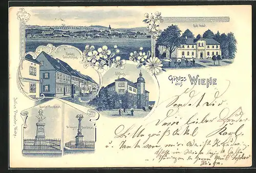 Lithographie Wiehe, Rankes Geburtshaus, Bade-Anstalt, Schloss