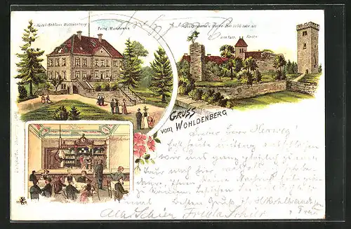 Lithographie Wohldenberg, Hotel Schloss von Fritz Marahrens, Aussichtsturm und Ruine
