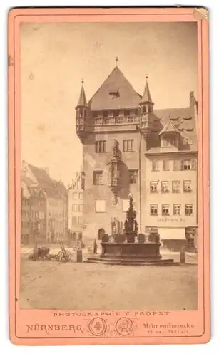 Fotografie C. Probst, Nürnberg, Ansicht Nürnberg, Blick auf den Tugendbrunnen, 1879