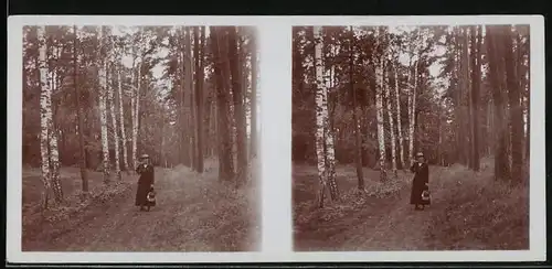 Stereo-Fotografie unbekannter Fotograf und Ort, Dame im dunklen Kleid mit Sommerhut, Handtasche, Amateur Fotografie 1916