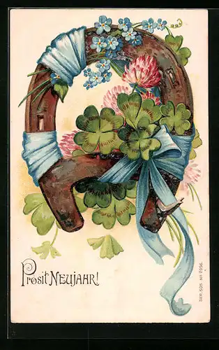 Präge-AK Hufeisen mit Kleeblättern und Schleifen