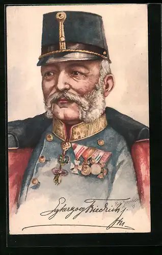 Künstler-AK Erzherzog Friedrich von Österreich mit Schirmkappe