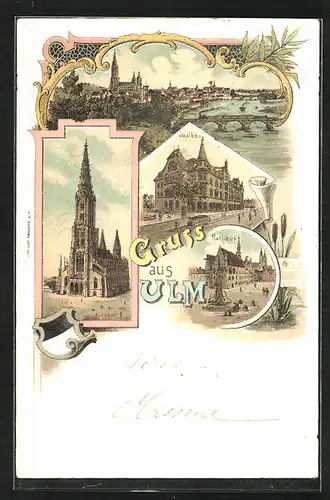 Lithographie Ulm, Saalbau, Rathaus, Kirche