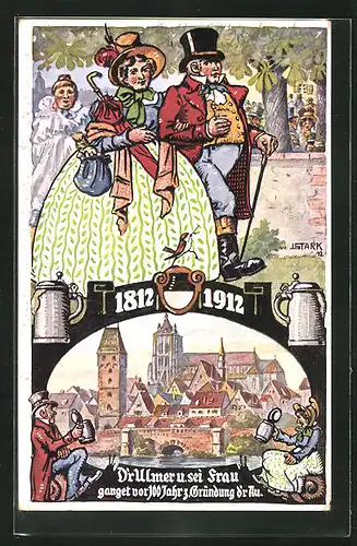 Künstler-AK Ulm / Donau, Festpostkarte 1912, 100-Jähriges Jubiläum der Friedrichsau 1812-1912