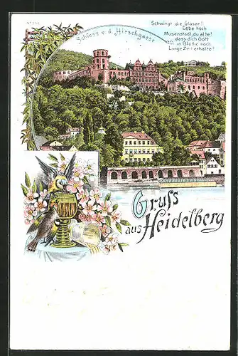 Lithographie Heidelberg, Schloss v. d. Hirschgasse