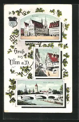 AK Ulm a. D., Rathaus, Neue Brücke, An der Blau