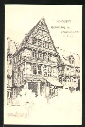 Künstler-AK Hildesheim, Pfeilerhaus am Andreasplatz