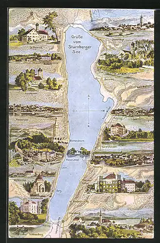 Künstler-AK Starnberg, Karte des Starnberger Sees mit anliegenden Schlössern